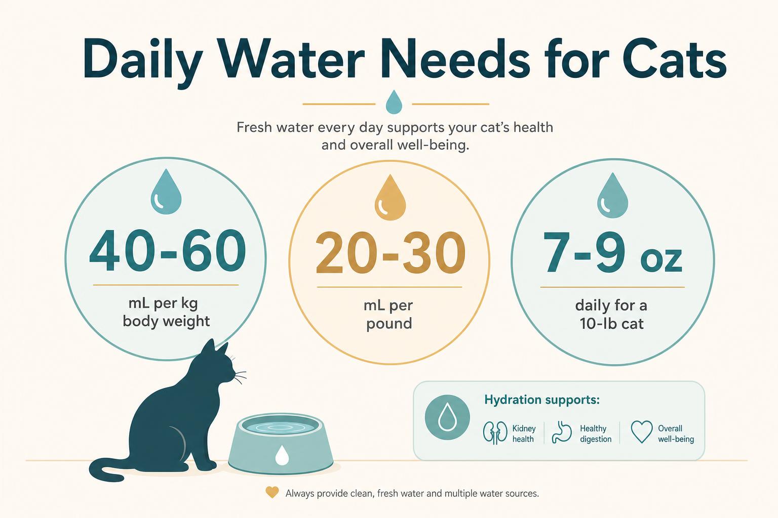 Infographic showing daily water needs for cats: 40 to 60 mL per kg body weight, 20 to 30 mL per pound, and 7 to 9 ounces daily for a 10-pound cat