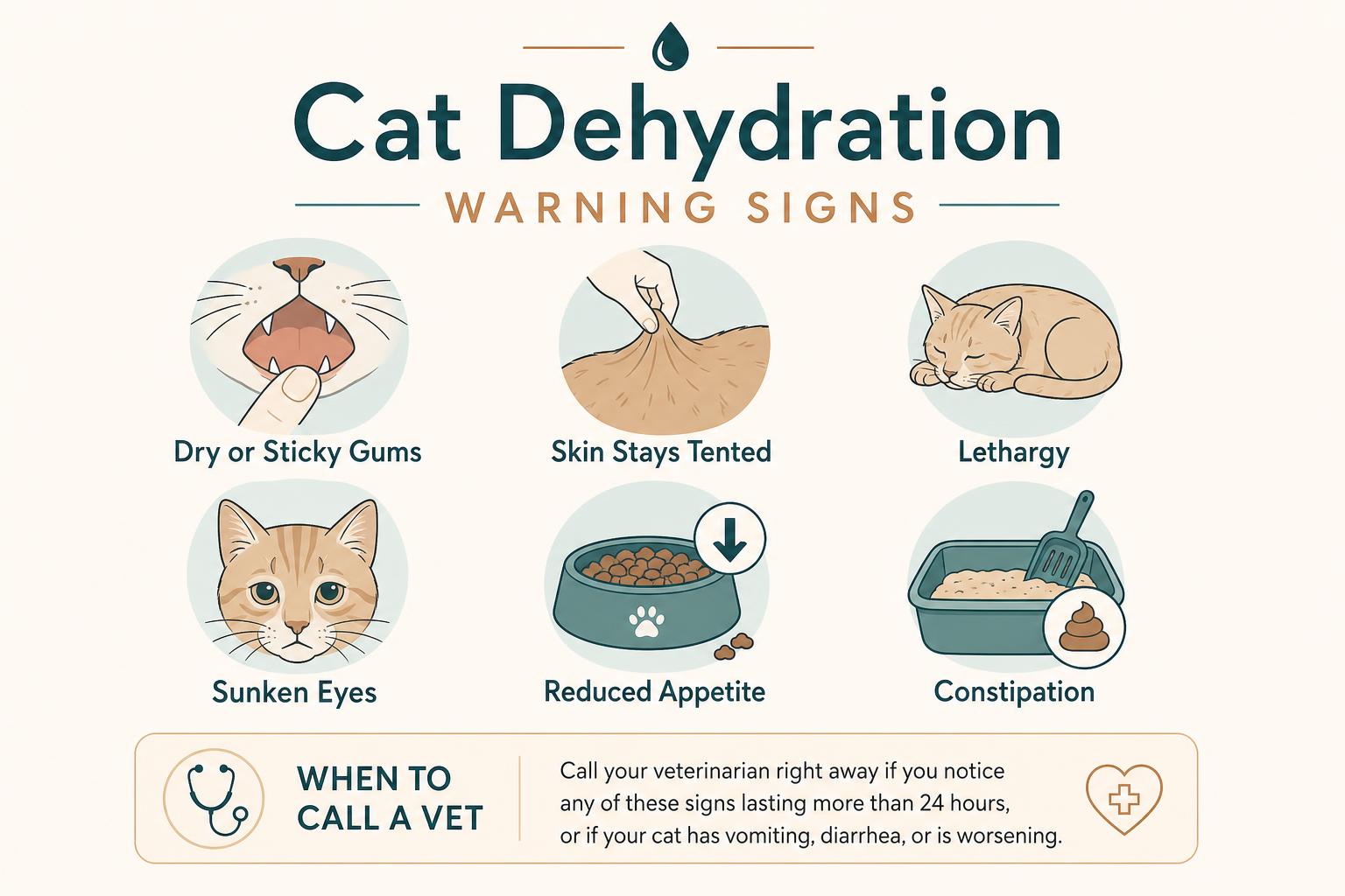Infographic of cat dehydration warning signs: dry or sticky gums, skin stays tented, lethargy, sunken eyes, reduced appetite, and constipation