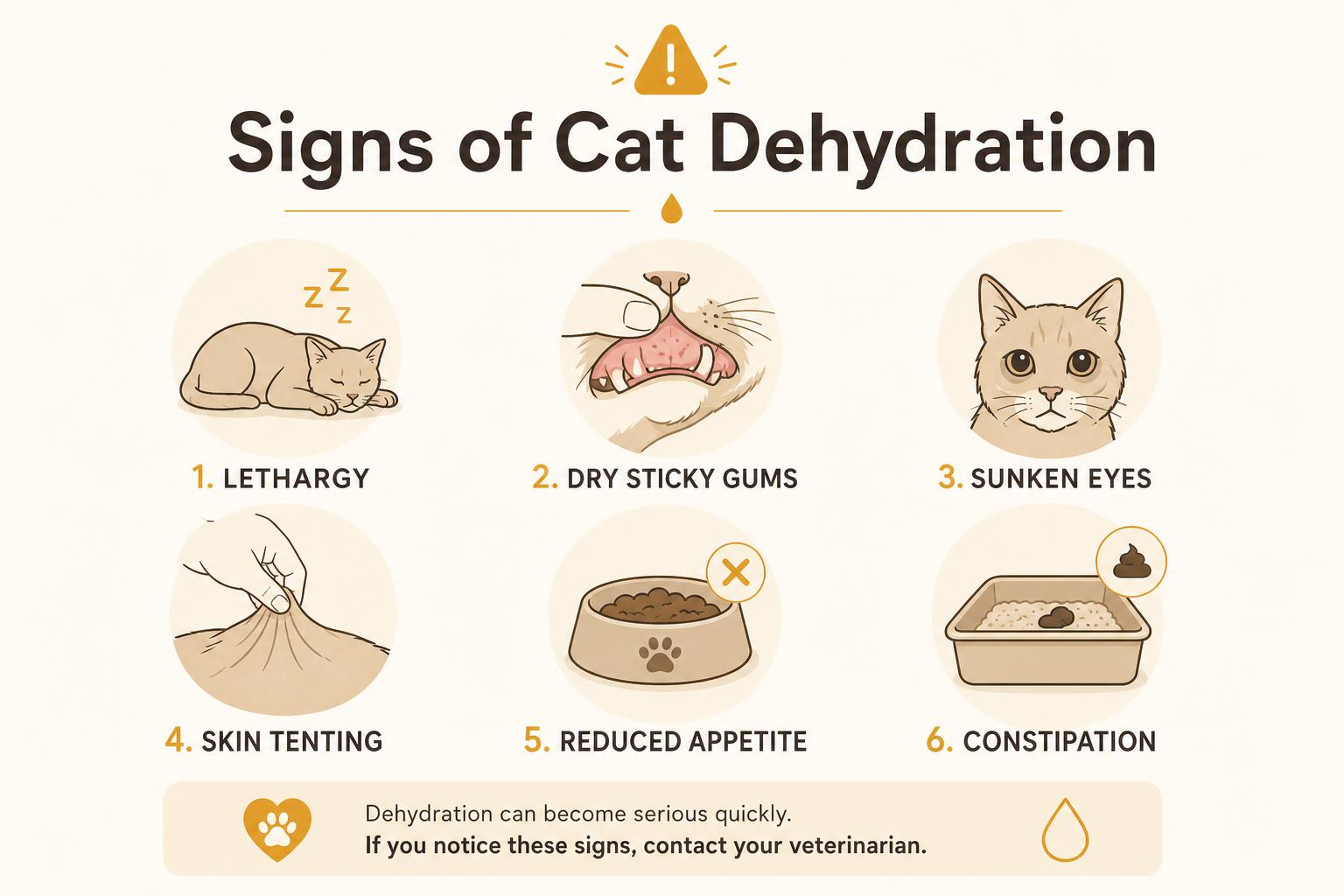Infographic showing six signs of cat dehydration: lethargy, dry sticky gums, sunken eyes, skin tenting, reduced appetite, and constipation
