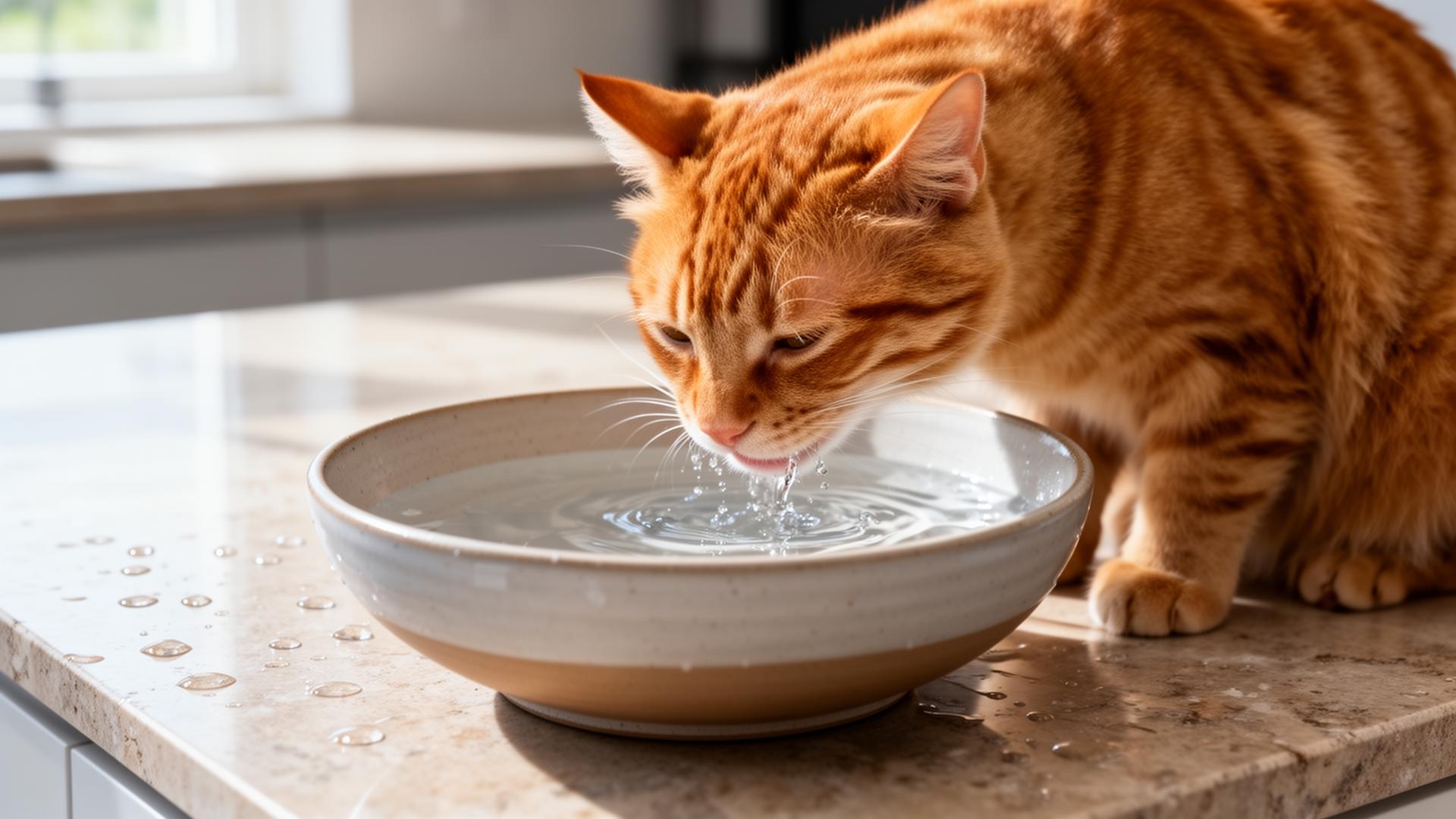 Orange tabby cat drinking from a wide shallow ceramic bowl on a stone kitchen countertop