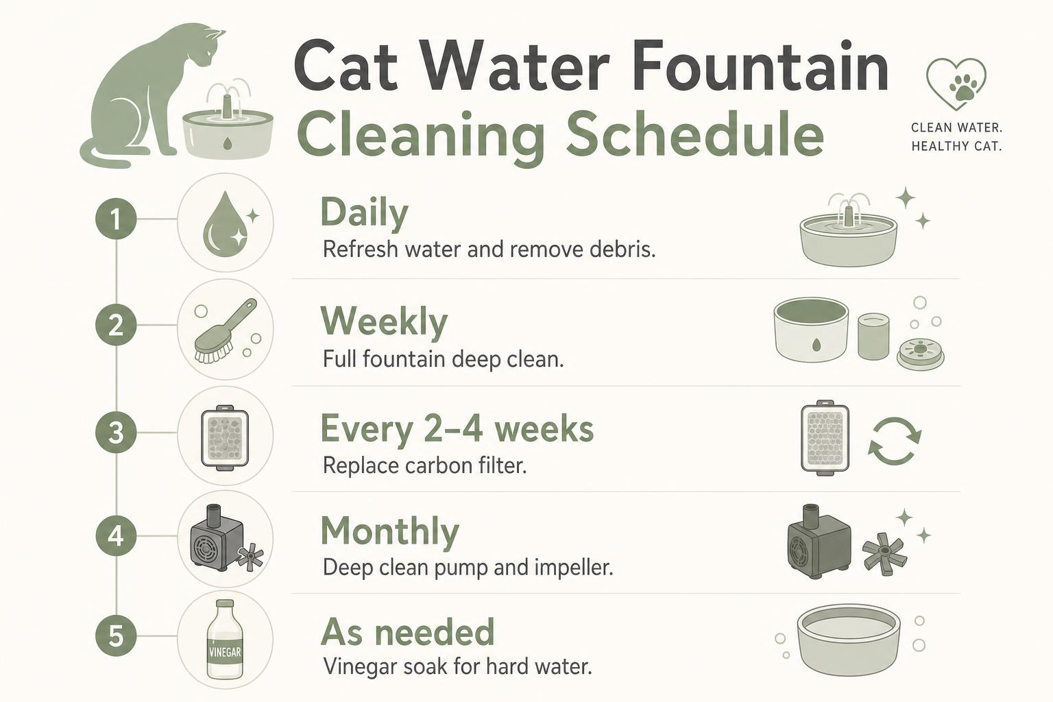 Cat water fountain cleaning schedule infographic: daily water refresh, weekly deep clean, carbon filter every 2 to 4 weeks, monthly pump cleaning, vinegar soak as needed