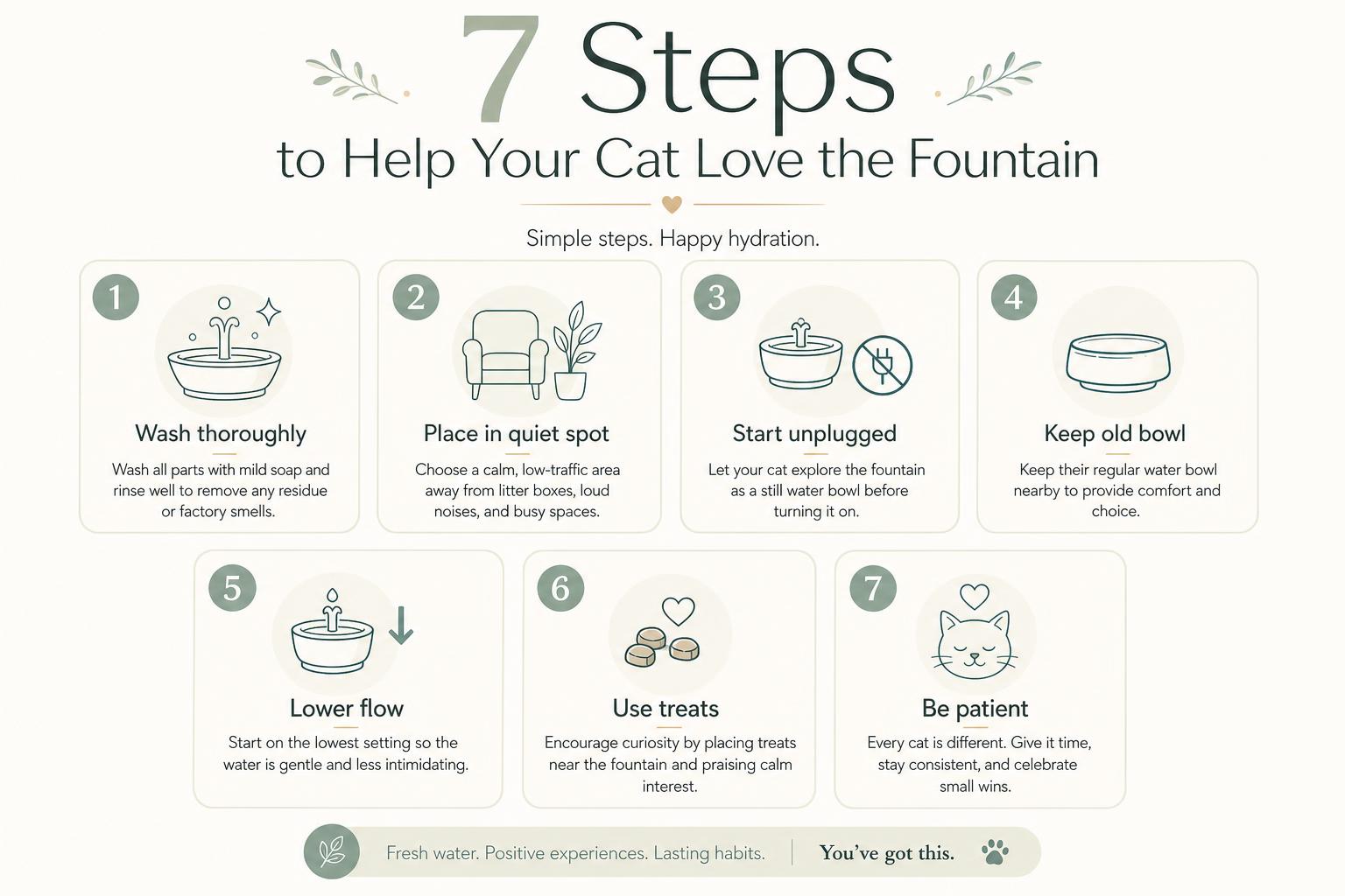Infographic: 7 steps to help your cat love the fountain — wash thoroughly, place in a quiet spot, start unplugged, keep the old bowl, lower the flow, use treats, and be patient
