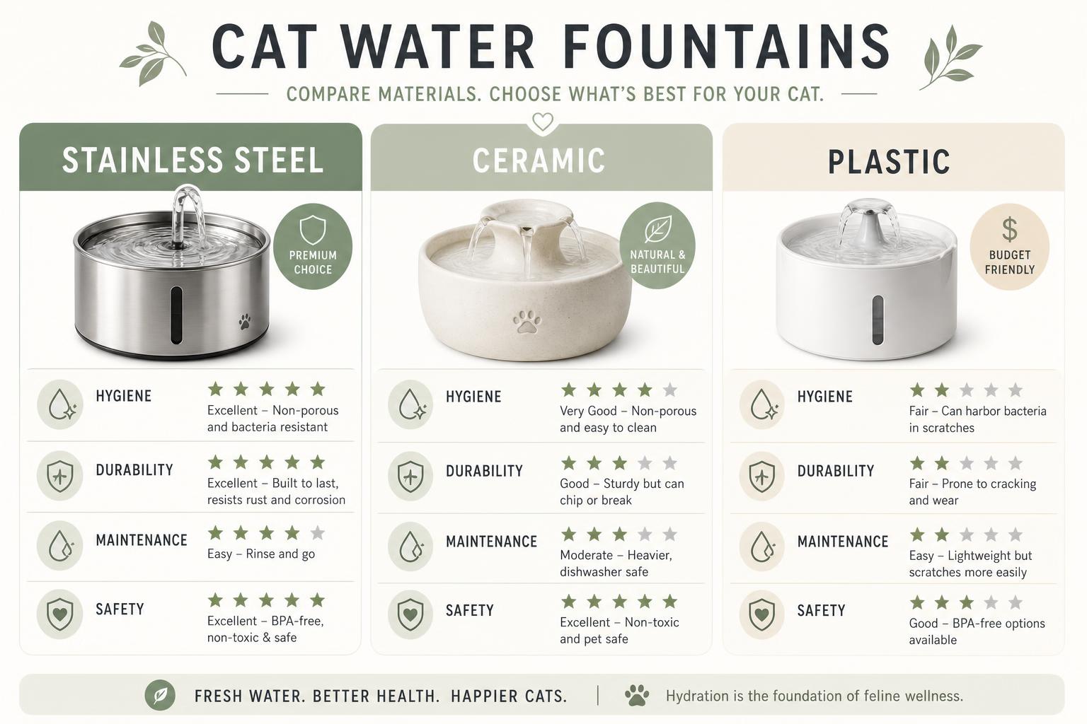 Editorial infographic comparing stainless steel, ceramic, and plastic cat water fountains across hygiene, durability, maintenance, and safety