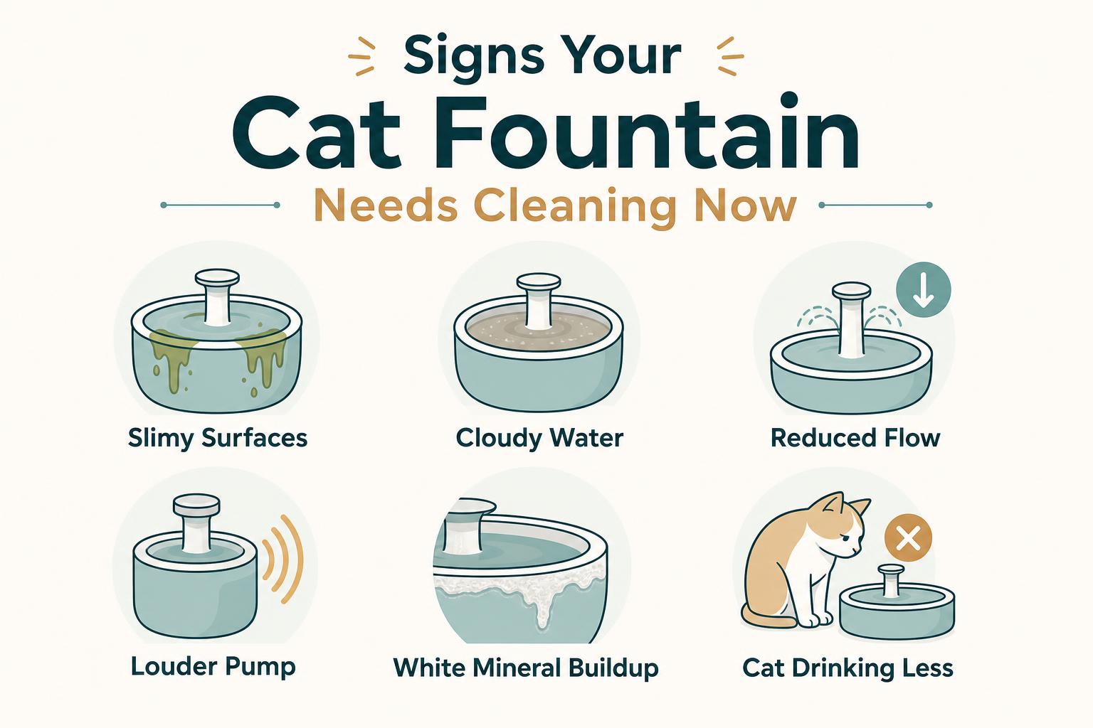 Infographic showing six signs your cat water fountain needs cleaning: slimy surfaces, cloudy water, reduced flow, louder pump, white mineral buildup, and cat drinking less