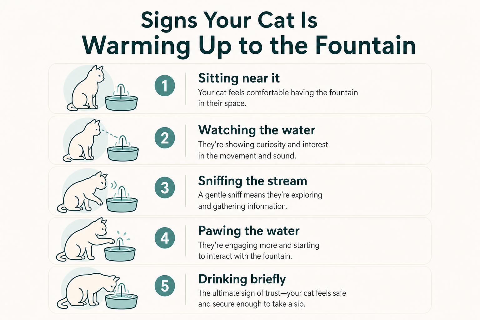 Infographic of five early signs your cat is warming up to a water fountain: sitting near it, watching the water, sniffing the stream, pawing the water, and drinking briefly