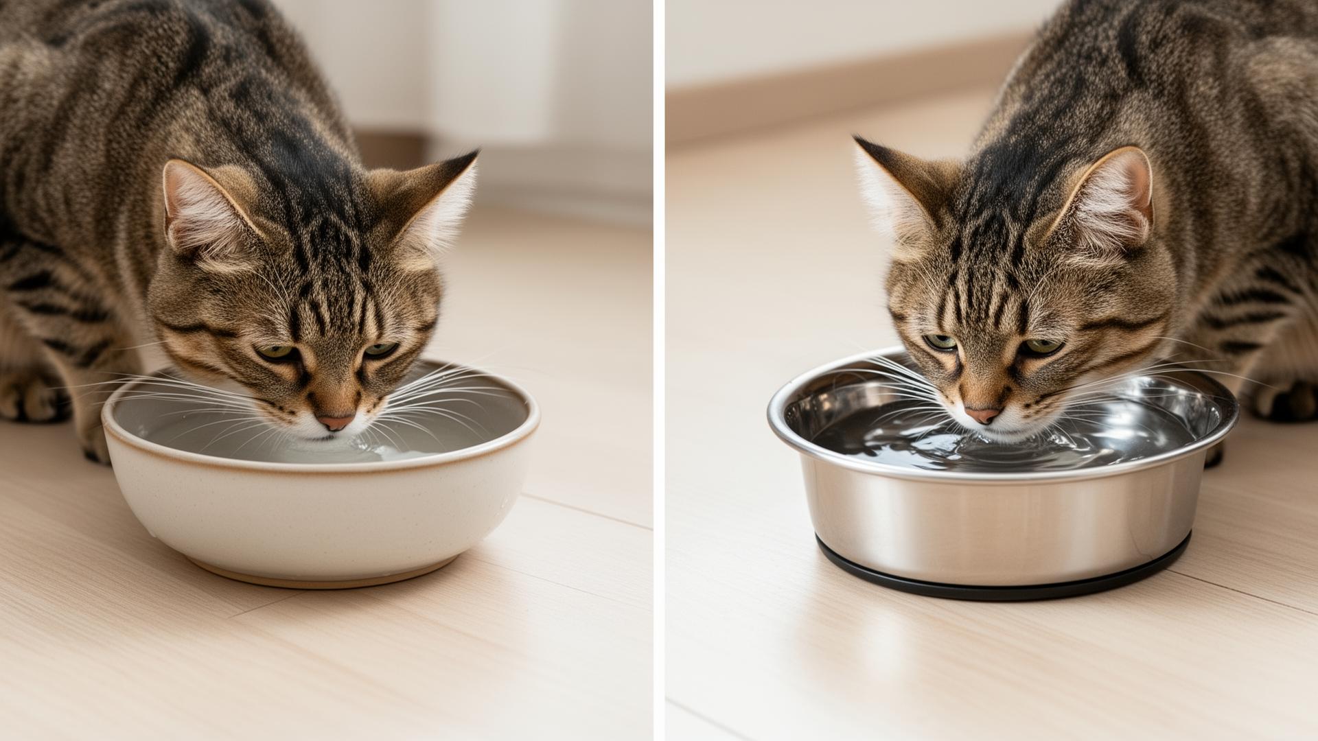 Side-by-side comparison of a cat drinking from a narrow deep ceramic bowl and from a wide shallow stainless steel bowl