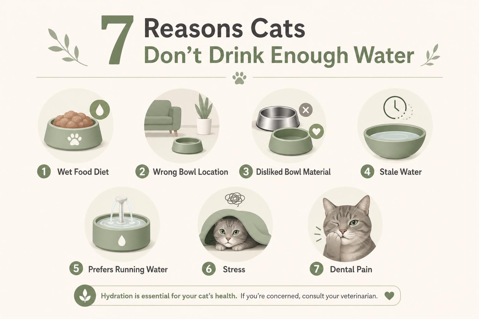 Infographic: 7 reasons cats don't drink enough water — wet food diet, wrong bowl location, disliked bowl material, stale water, prefers running water, stress, and dental pain