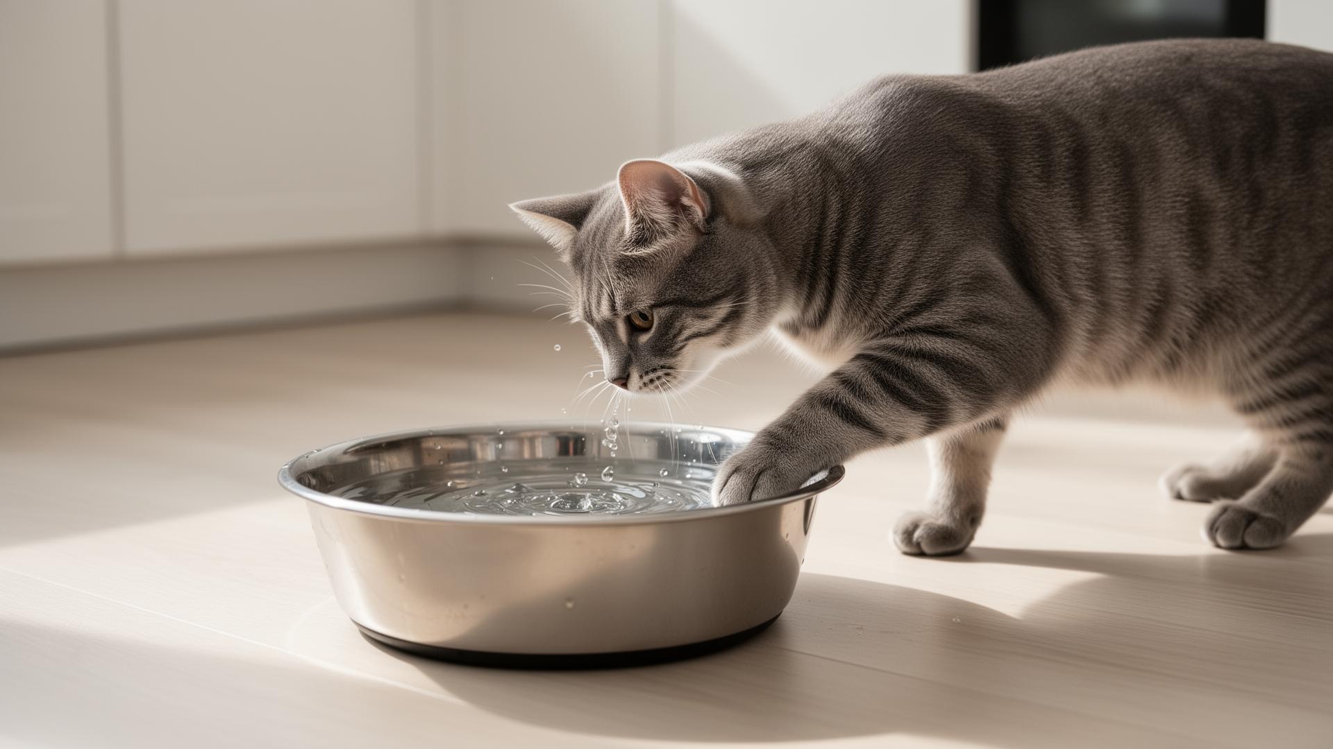 Gray tabby cat pawing at a stainless steel water bowl on a light wood floor in a bright modern kitchen