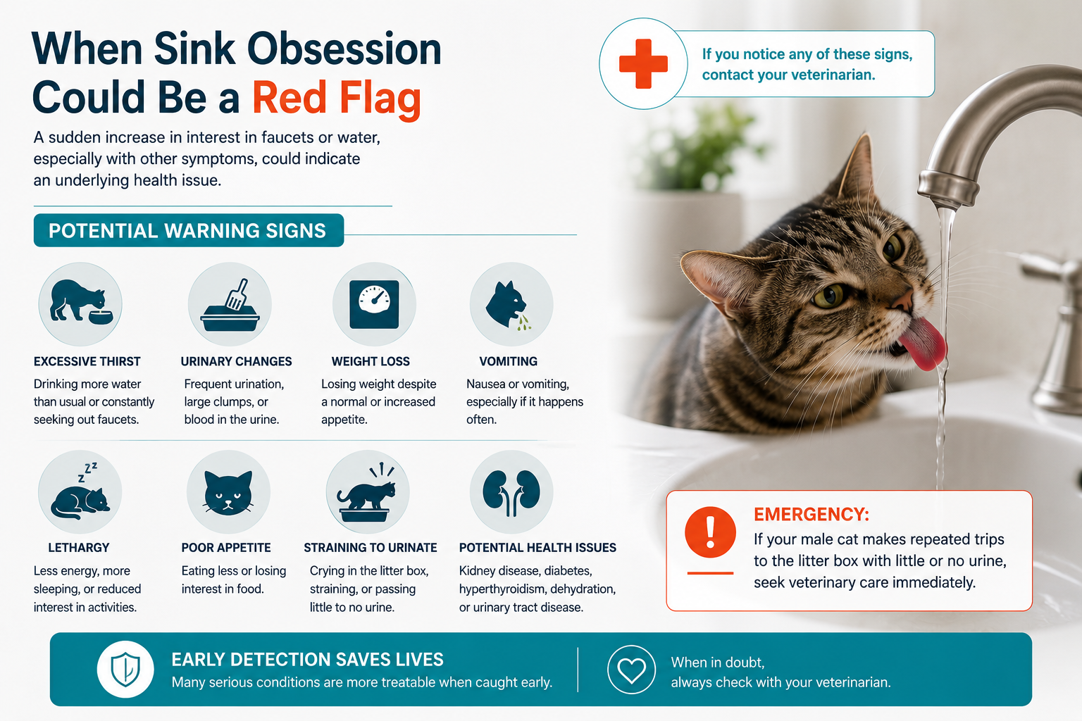 Veterinary warning signs infographic for sudden cat sink obsession including excessive thirst, urinary changes, weight loss, vomiting, lethargy, and straining to urinate