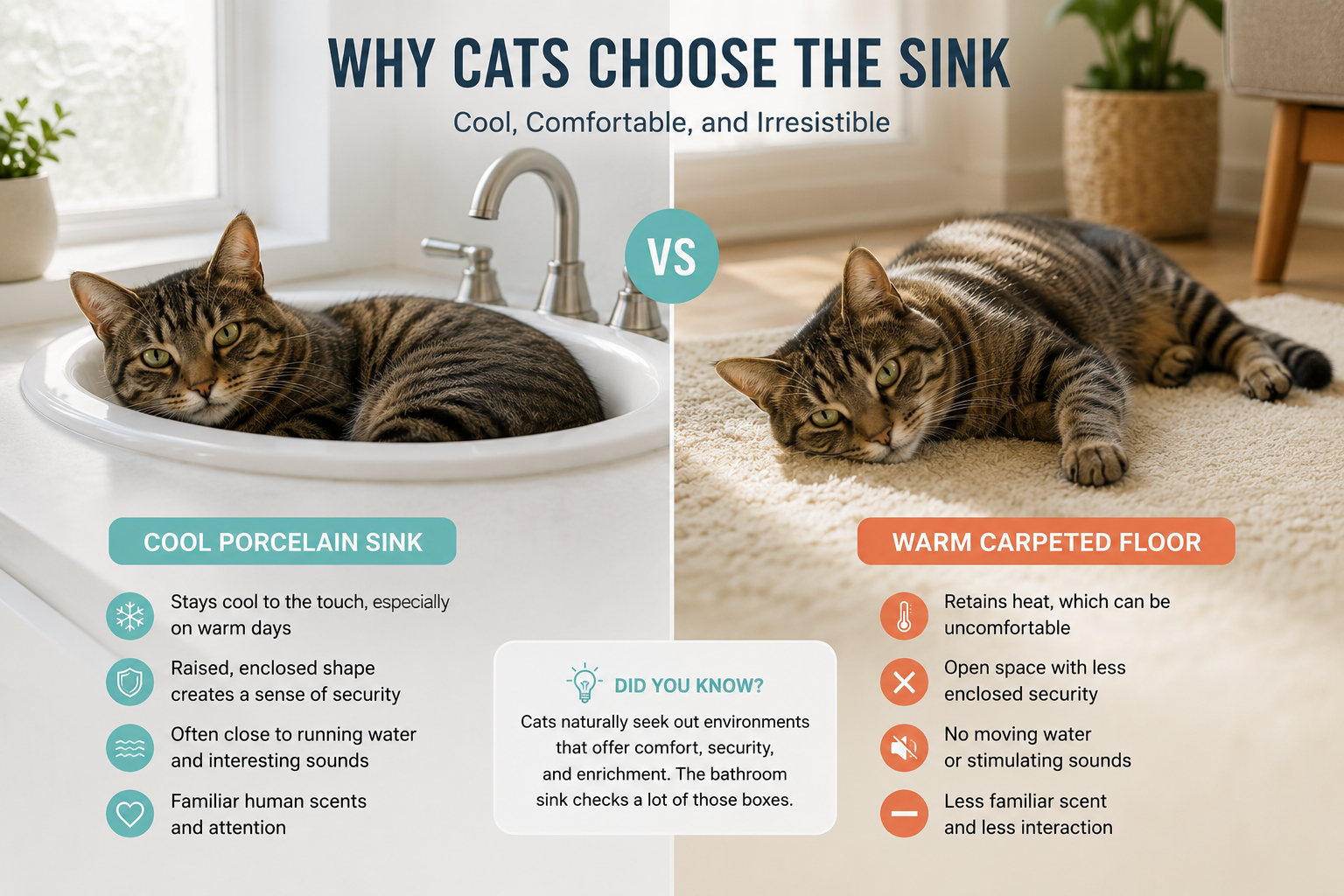 Side-by-side comparison: tabby cat in a cool porcelain sink versus the same cat lying on a warm carpeted floor