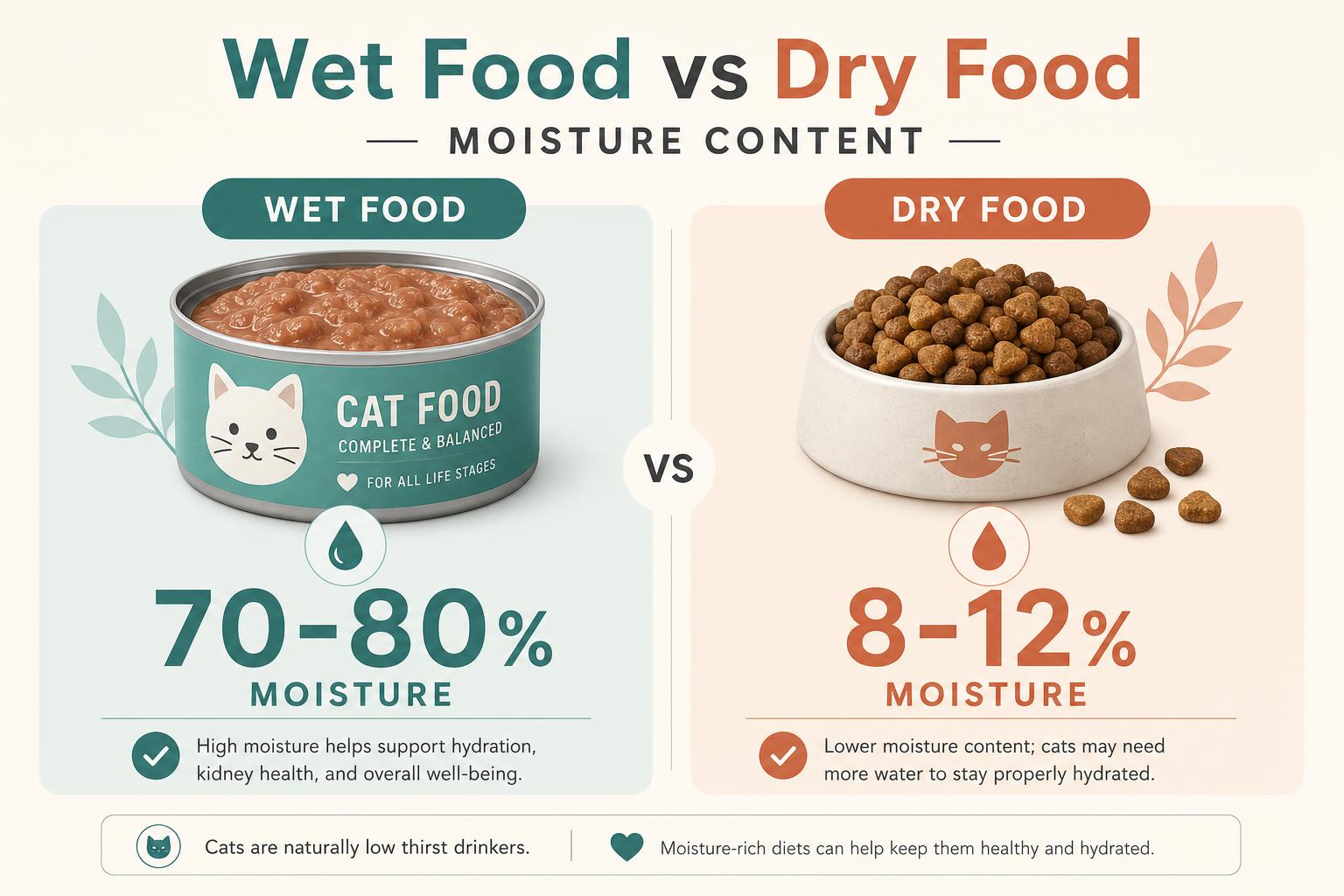 Comparison infographic showing wet cat food at 70-80% moisture content versus dry cat food at 8-12% moisture content
