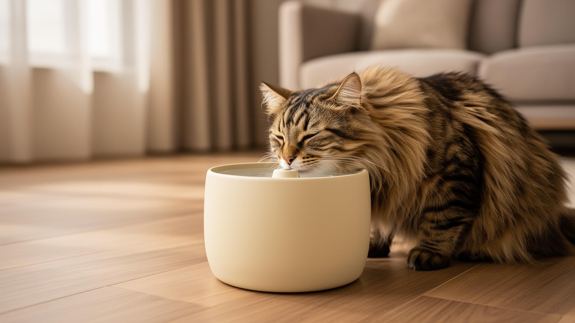 Long-haired tabby cat drinking from a matte cream ceramic cat water fountain in a calm, naturally lit modern living room