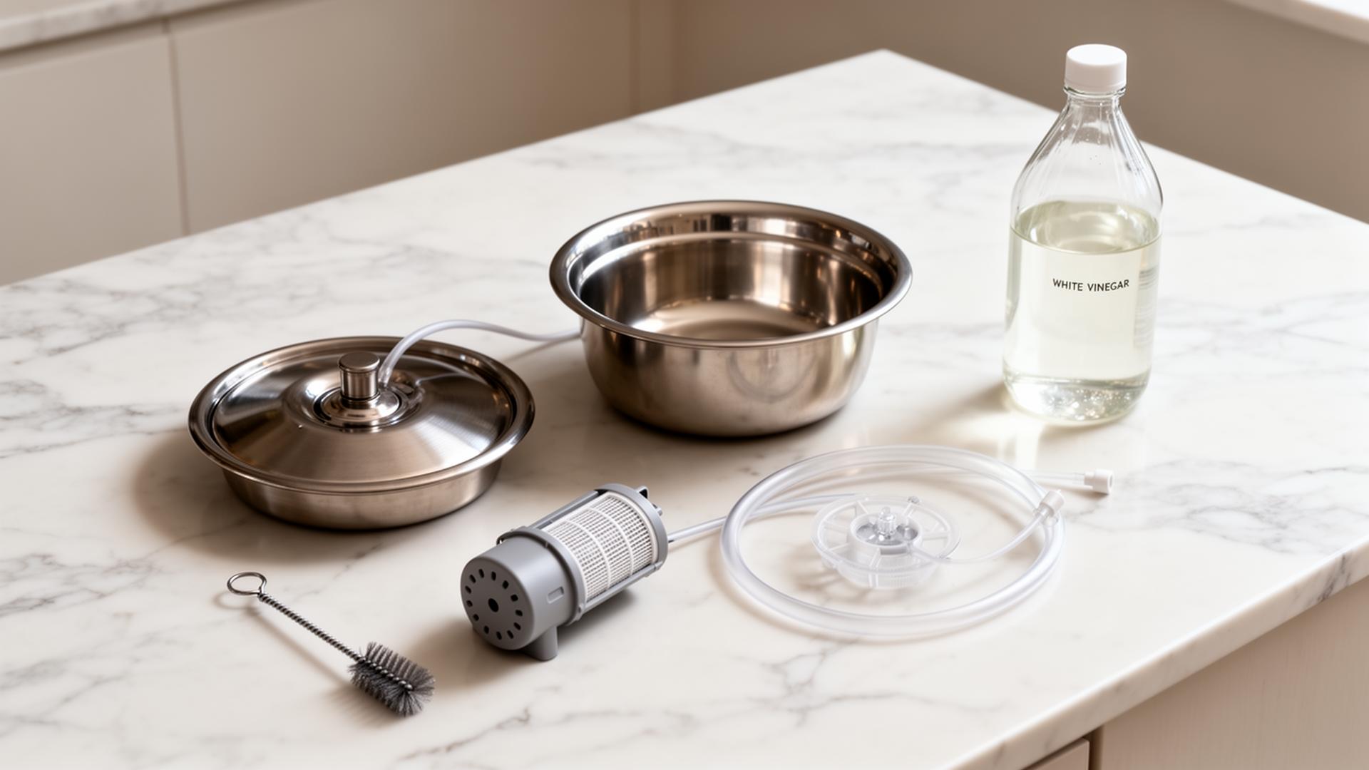 Disassembled stainless steel cat water fountain laid out on a marble counter with cleaning brush, pump, tubing, filter, and a bottle of white vinegar