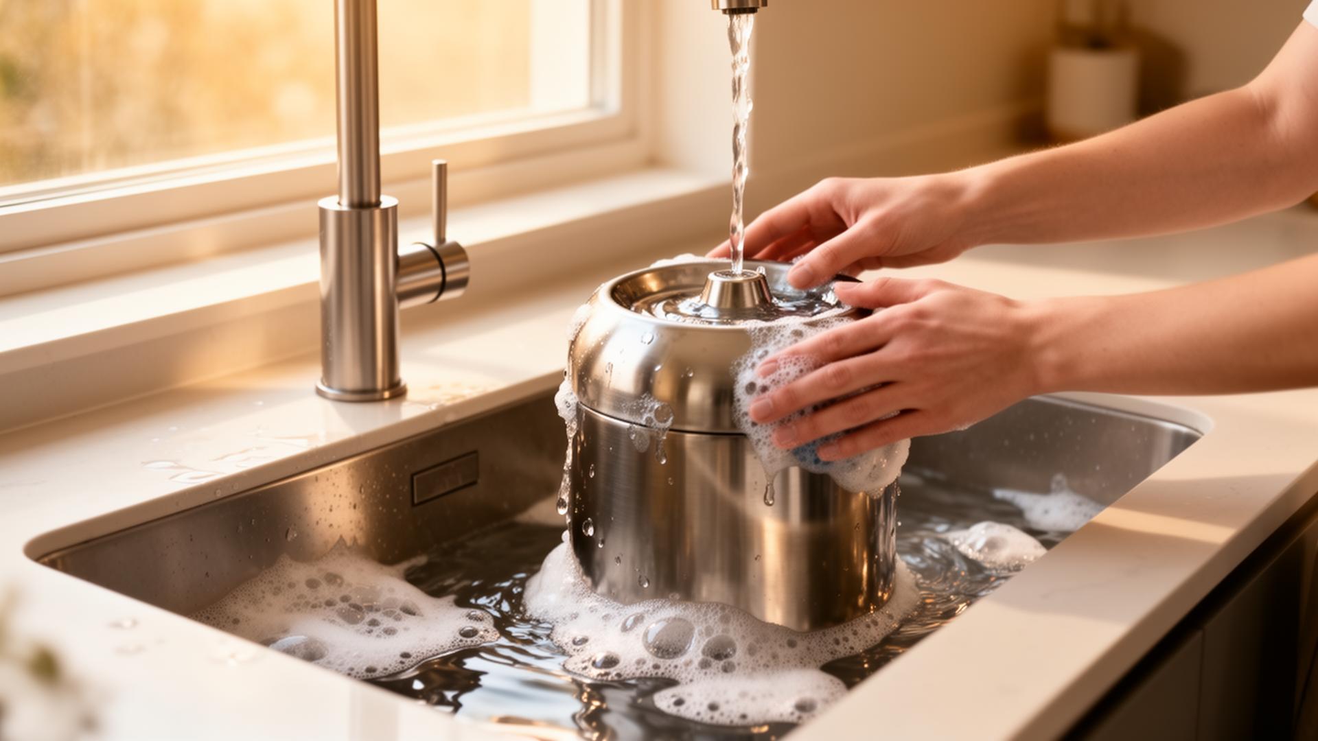 Hands cleaning a stainless steel cat water fountain with soap and warm water in a bright modern kitchen sink