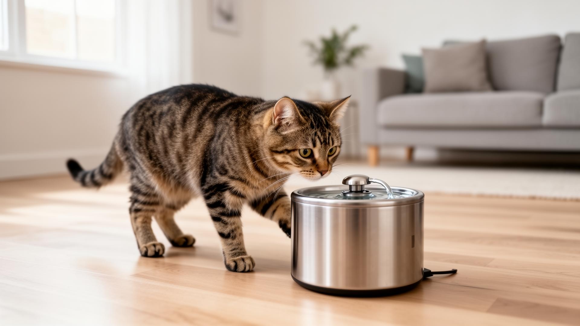 Curious tabby cat sniffing a stainless steel cat water fountain in a bright modern living room