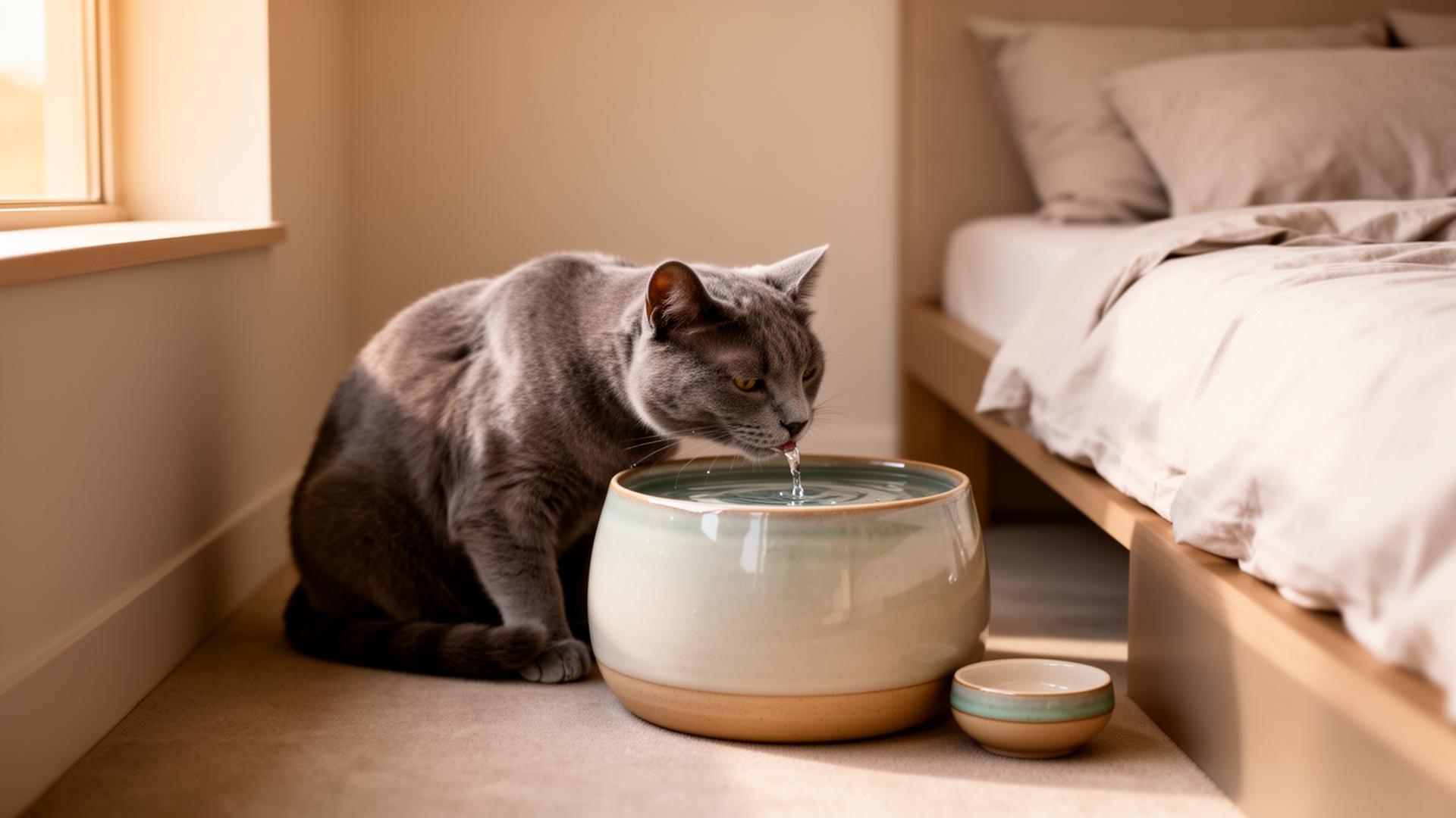 Calm gray cat drinking from a ceramic cat water fountain placed in a peaceful corner of a modern bedroom