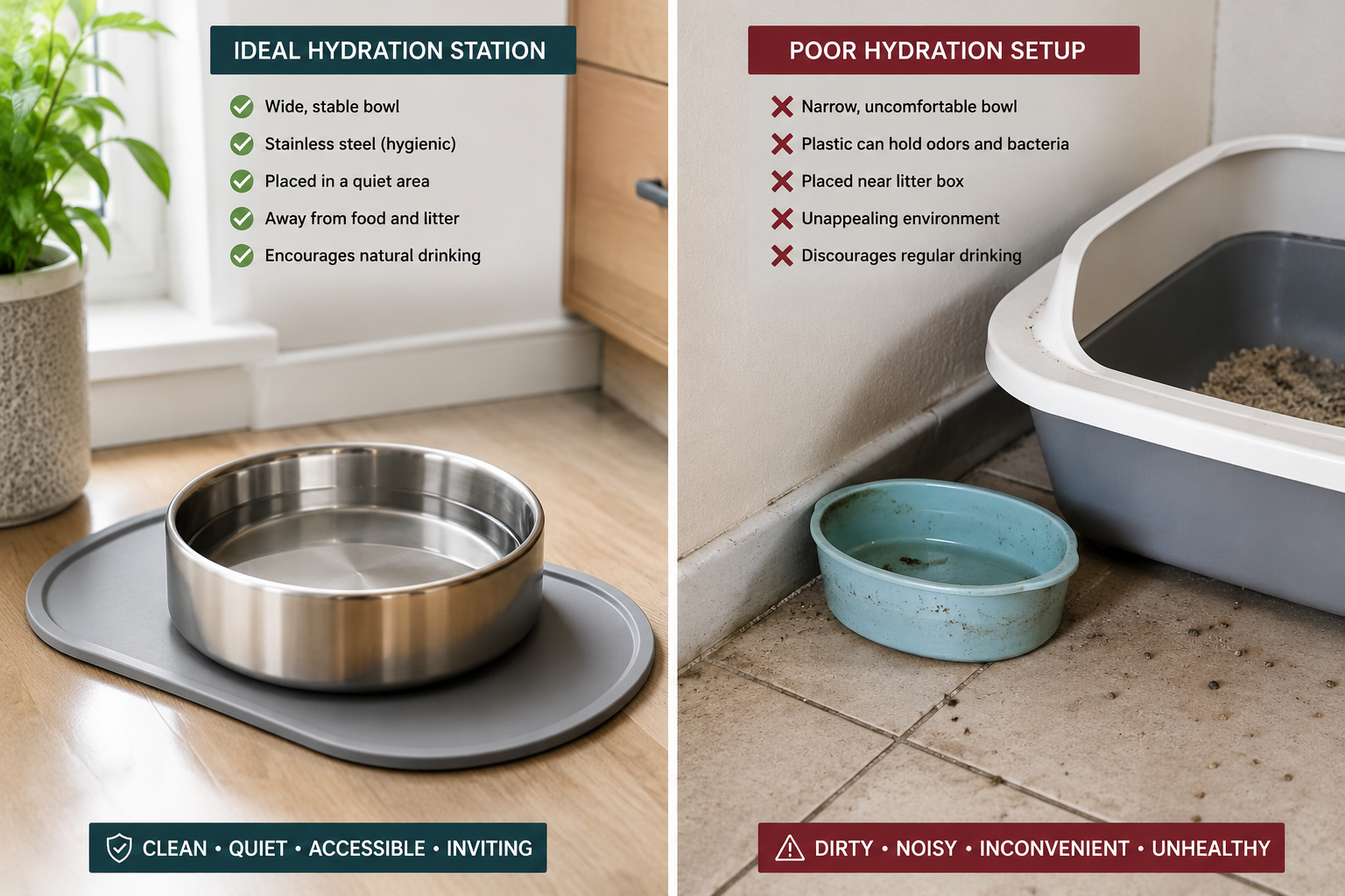 Side-by-side comparison of an ideal stainless steel cat hydration station and a poor plastic bowl placed near a litter box