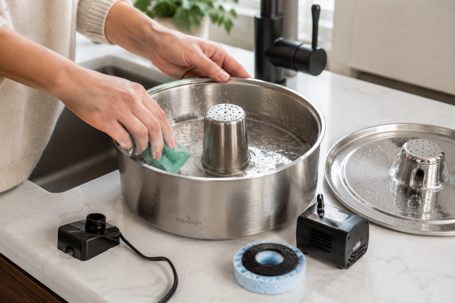 Person cleaning a stainless steel cat water fountain in a kitchen sink with the pump and filter disassembled