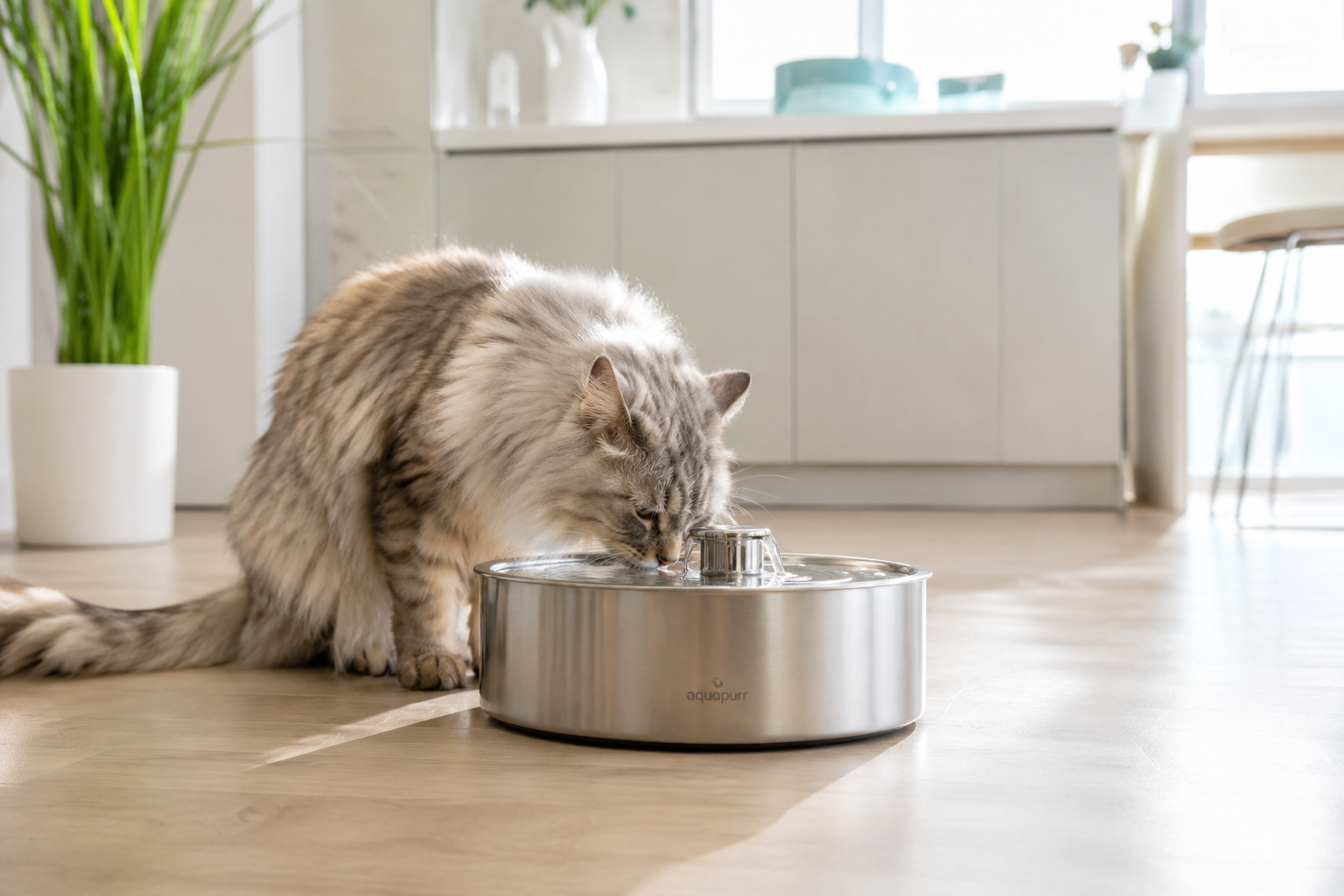 Long-haired silver cat drinking from a stainless steel cat water fountain on a kitchen floor