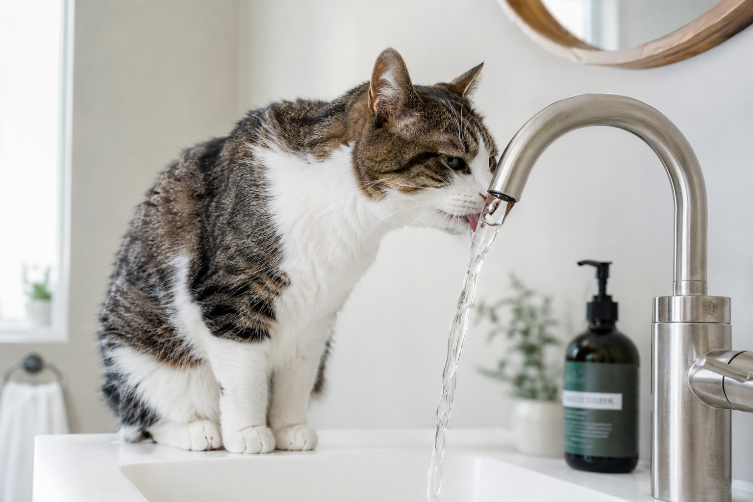 Tabby cat drinking from a running bathroom faucet