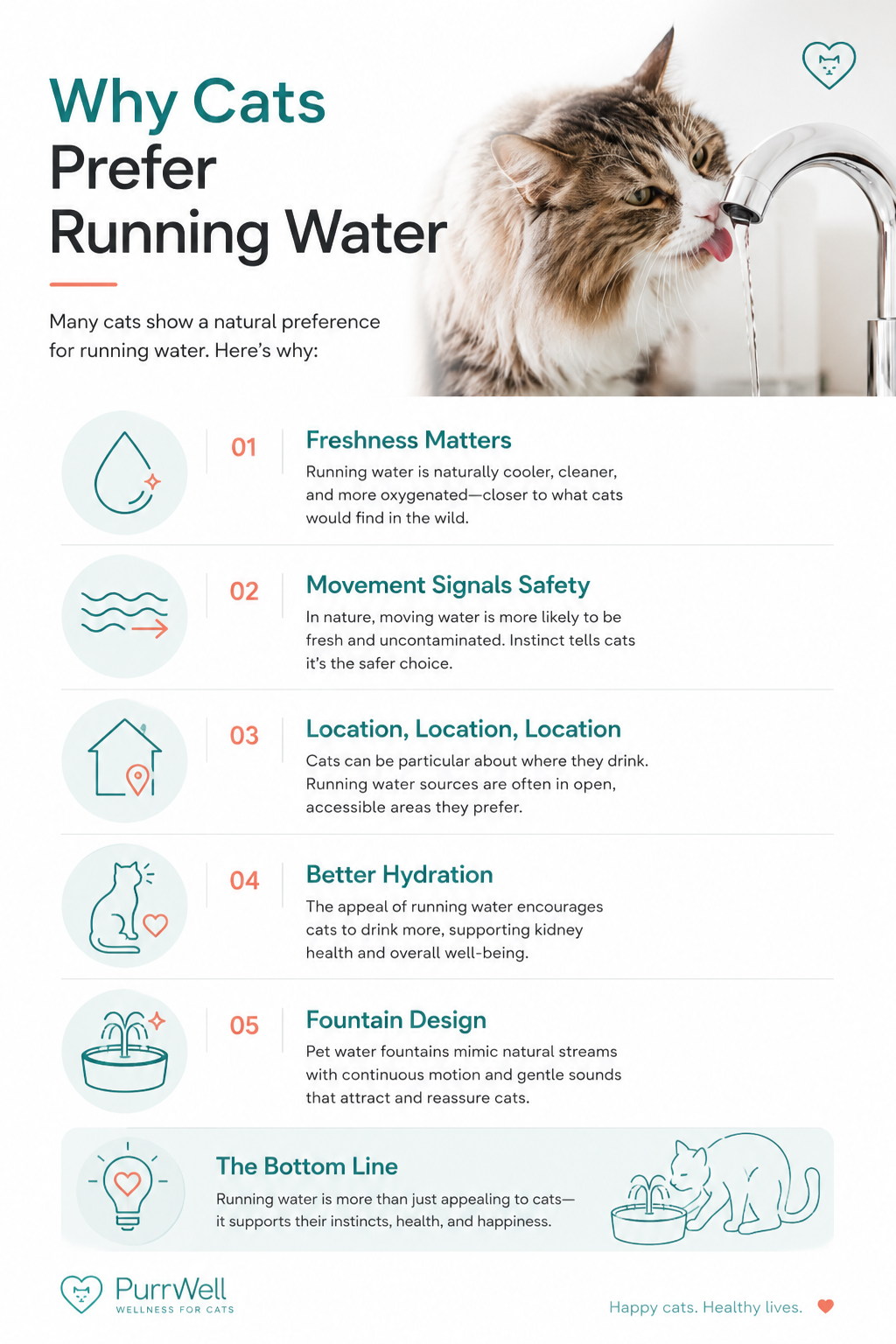 Infographic explaining the five main reasons cats prefer running water