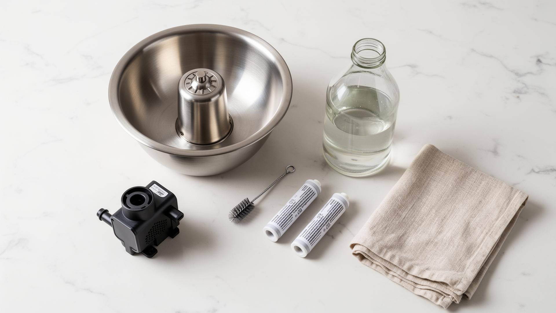 Top-down flat lay of a disassembled stainless steel cat water fountain with pump, carbon filters, soft cleaning brush, white vinegar, and a linen cloth on a marble countertop