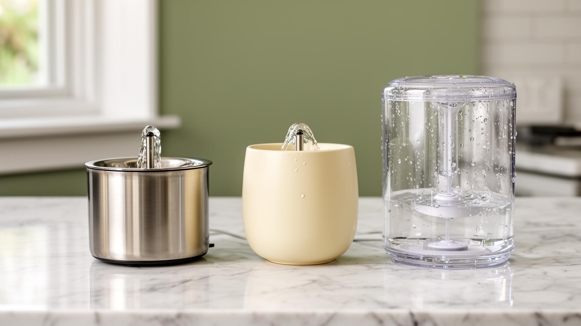 Stainless steel, ceramic, and plastic cat water fountains lined up on a marble kitchen counter in soft natural light