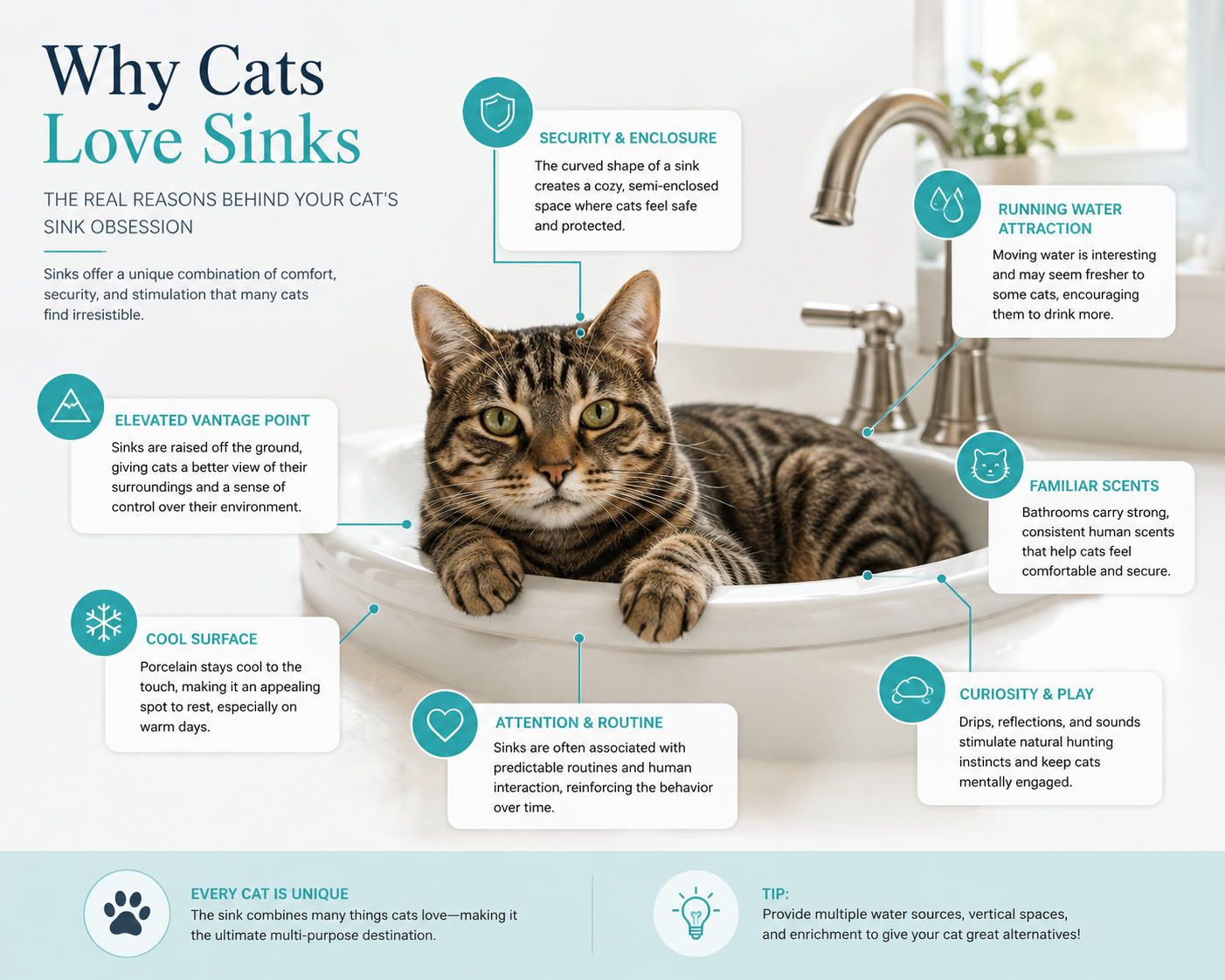 Infographic showing eight reasons cats love sinks: security, elevation, cool surface, running water, familiar scents, attention, curiosity, and routine