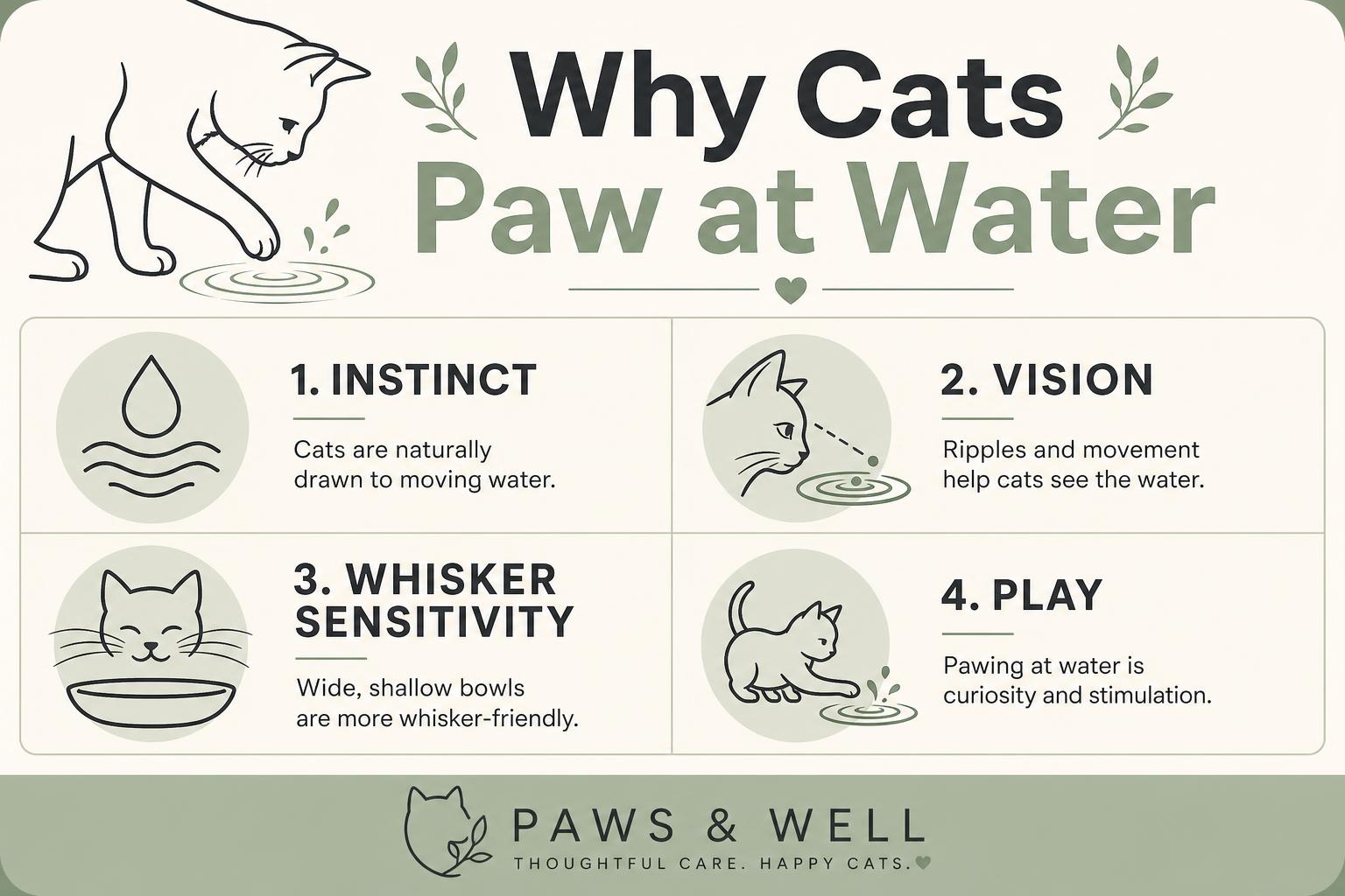 Editorial infographic showing four reasons cats paw at water: instinct, vision, whisker sensitivity, and play