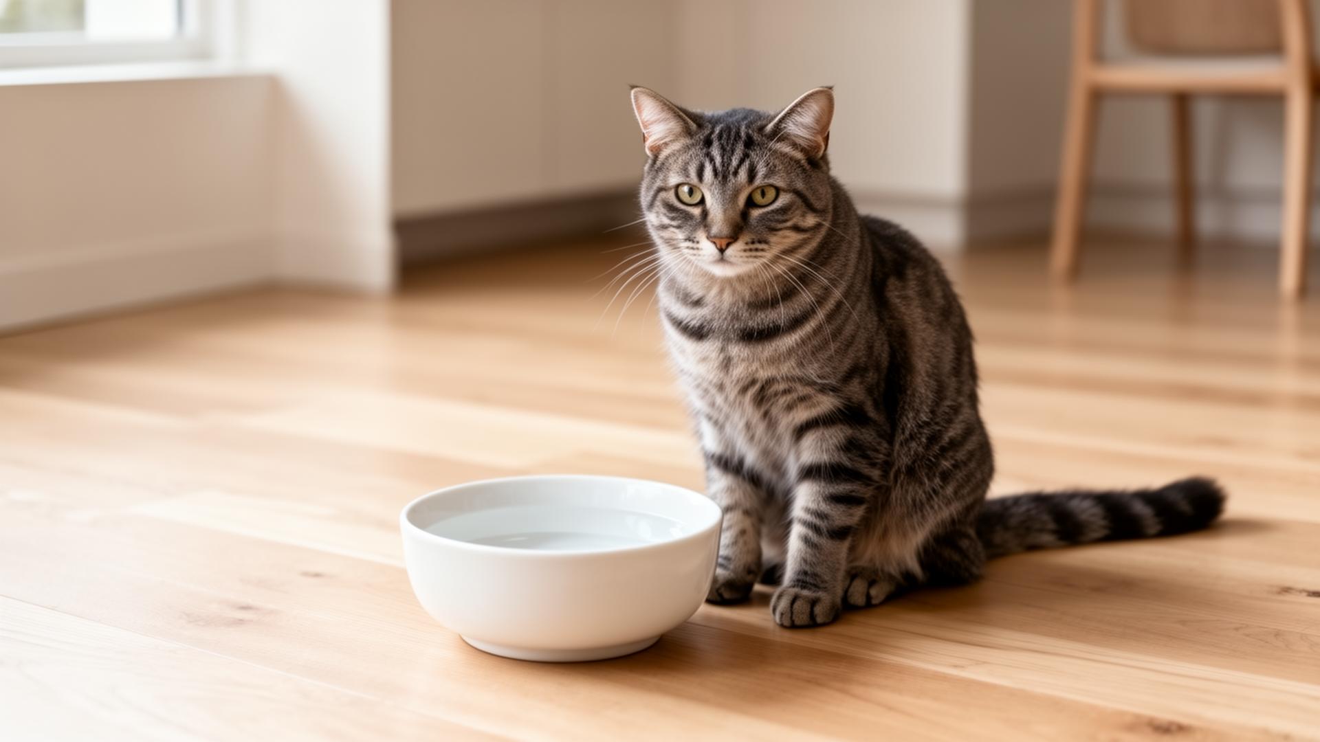 Gray tabby cat sitting beside a white ceramic water bowl on a light oak floor in a bright modern home