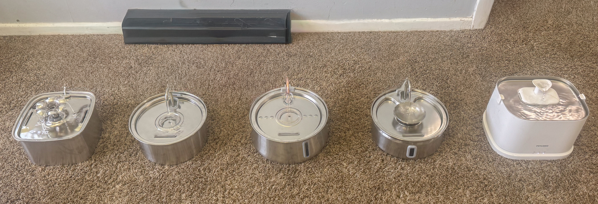 Top 5 cat water fountains lined up for side-by-side testing