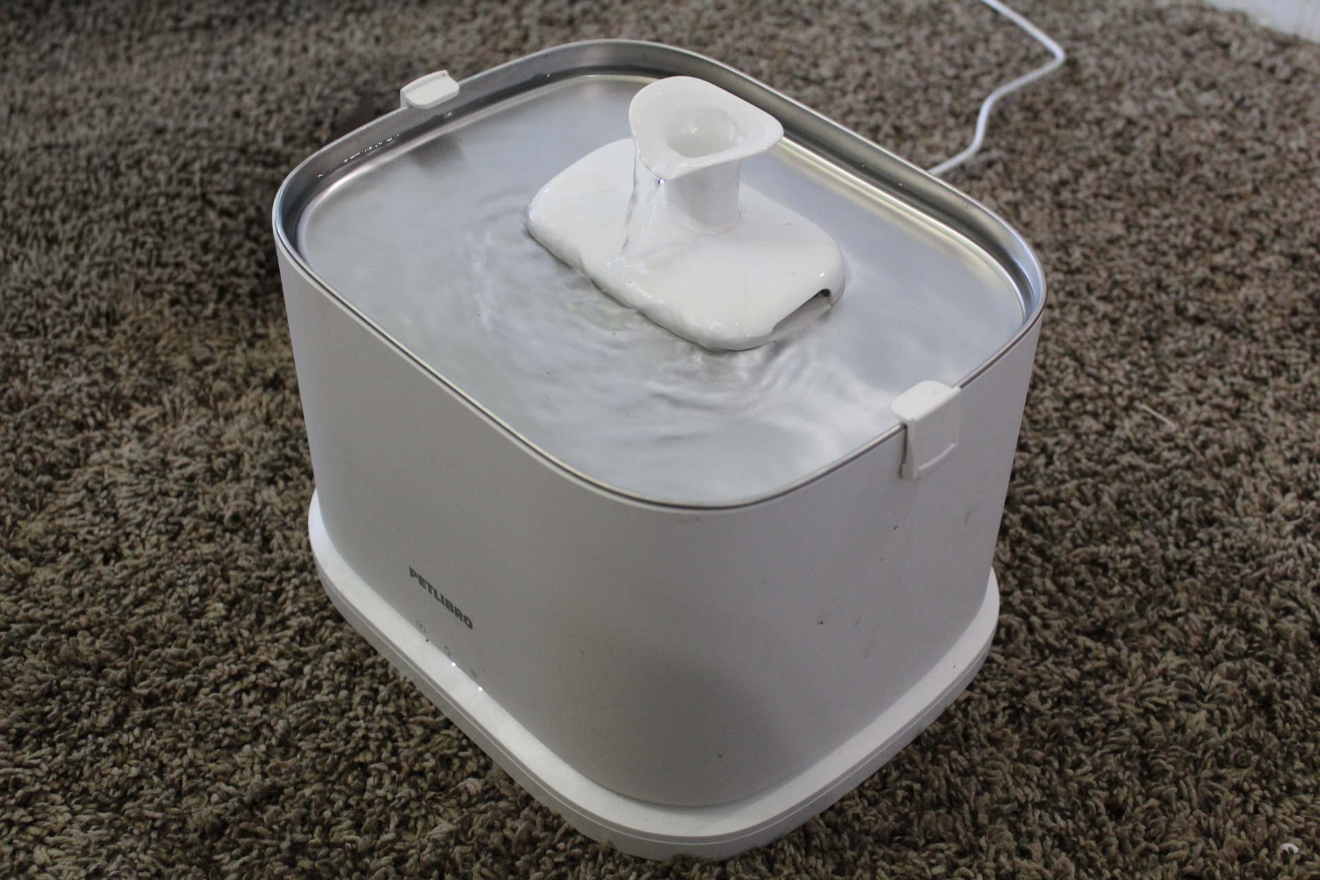 PETLIBRO white smart cat fountain with dual spouts running on carpet