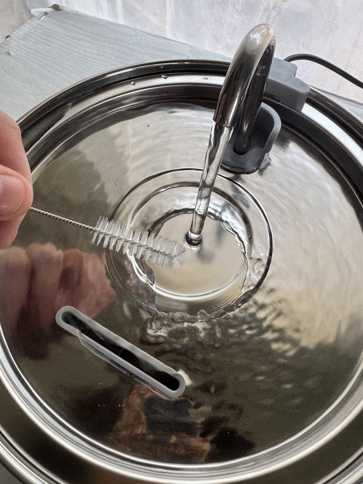 Tomxcute fountain interior with the included short cleaning brush next to the spout
